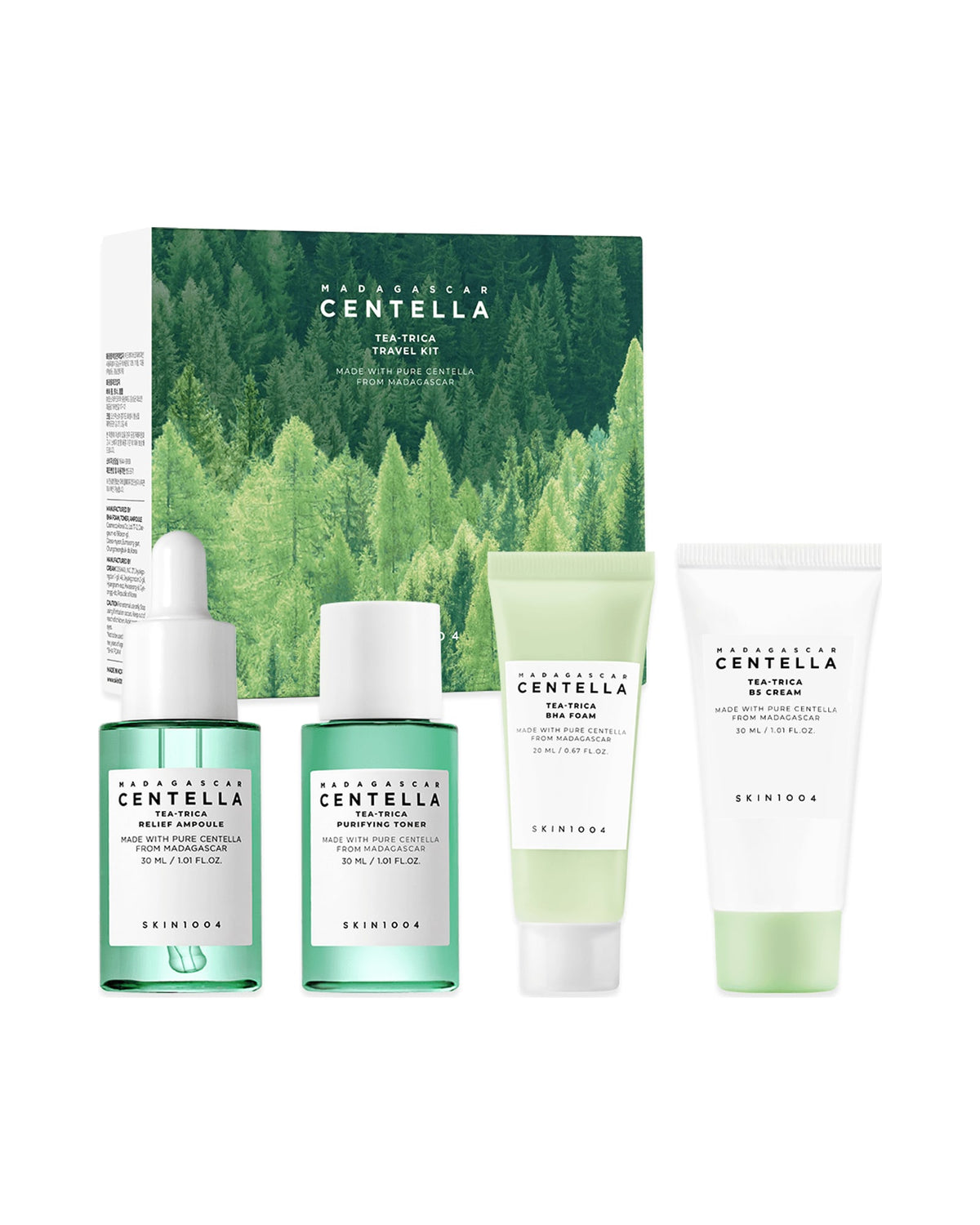 Skin1004 · Madagascar Centella Tea-Trica Travel Kit · Kit de 4 piezas: Espuma BHA 20ml + Tónico Purificante 30ml + Ampolla de Alivio 30ml + Crema B5 30ml