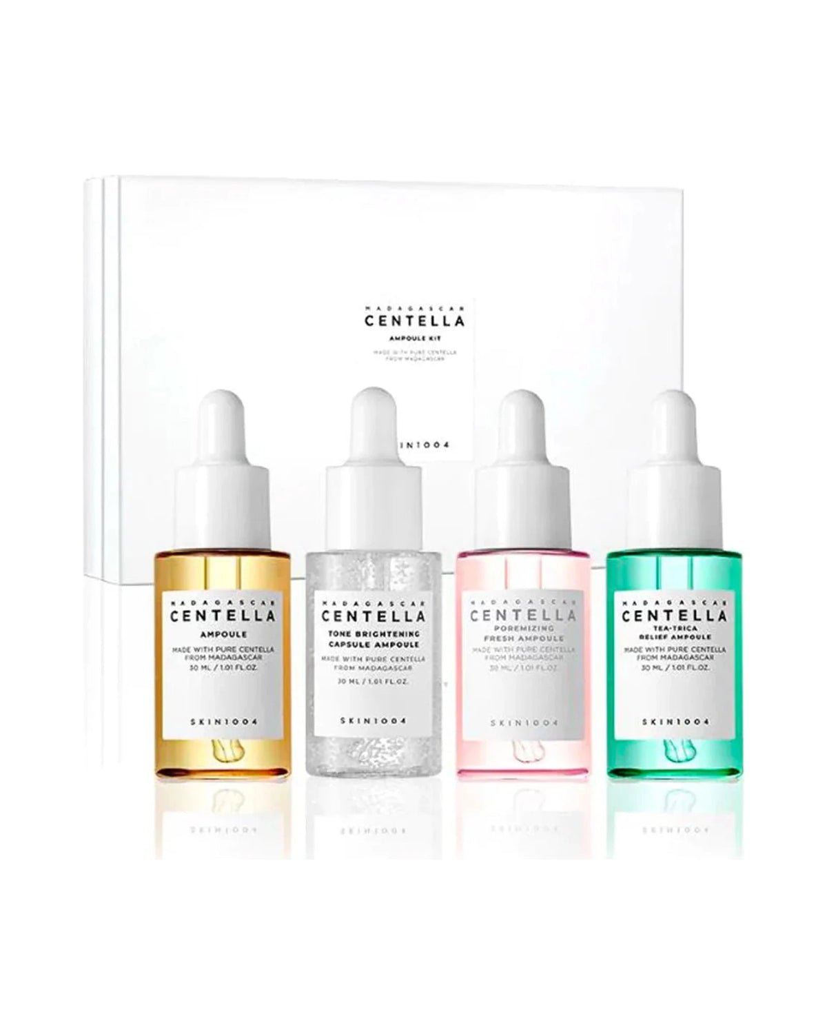 Skin1004 · Madagascar Centella Ampoule Kit · Kit de 4 sueros de 30 ml cada uno.