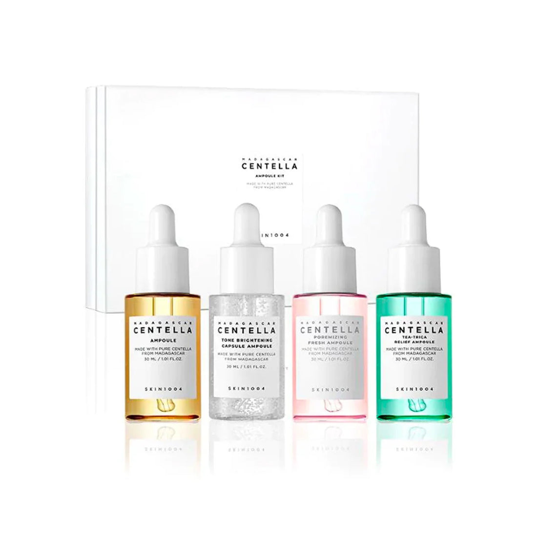 Skin1004 · Madagascar Centella Ampoule Kit · Kit de 4 sueros de 30 ml cada uno.